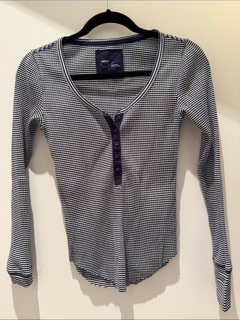 aerie Navy & White Striped Long Sleeve Henley